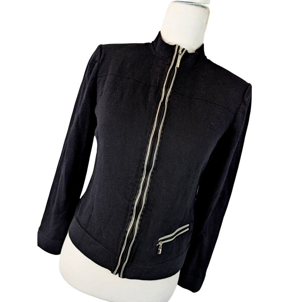 ST. JOHN SPORT! RICH BLACK W/WHITE RIBBON ACCENT, WOOL BLEND CARDI SWEATER! S